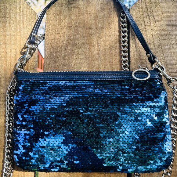 VTG Y2K Coach XL Poppy Sequin Wristlet Sapphire Blue Sparkle Purse Wallet - Picture 2 of 16